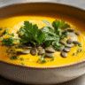 Gluten-Free Pumpkin Soup in rustic bowl