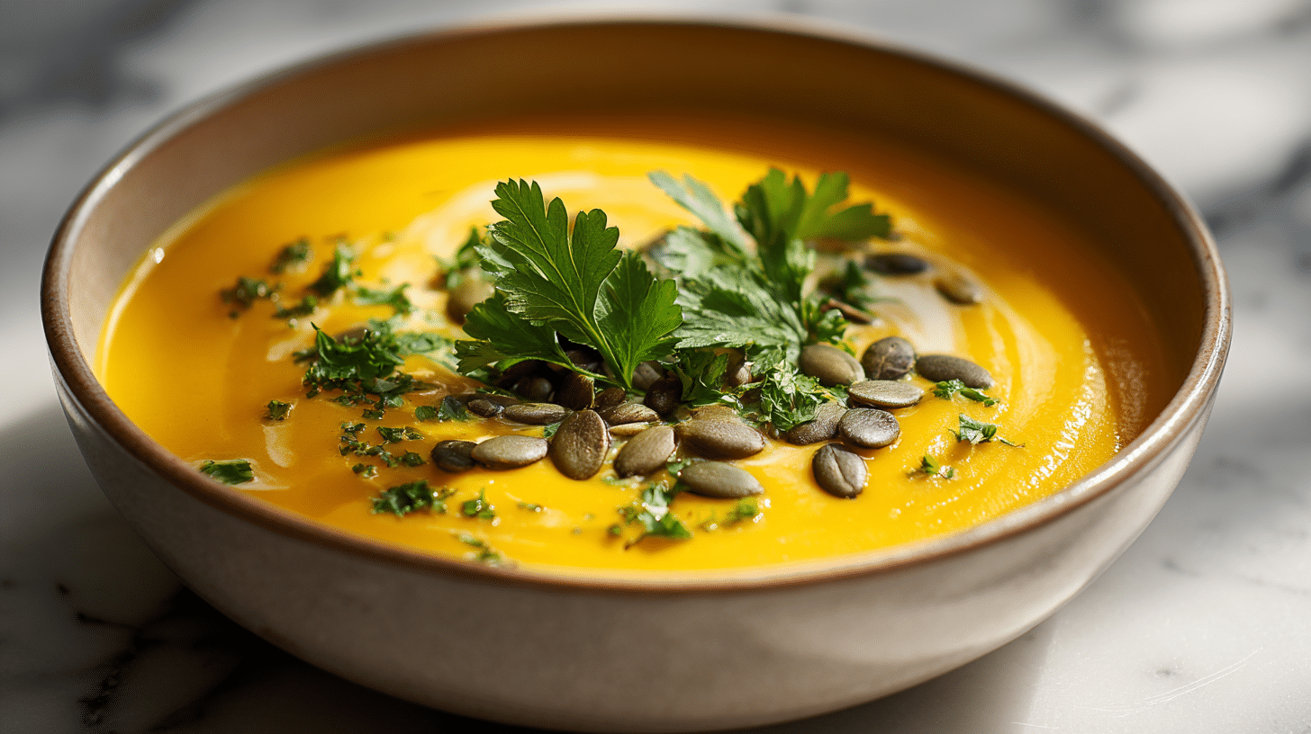 Gluten-Free Pumpkin Soup in rustic bowl
