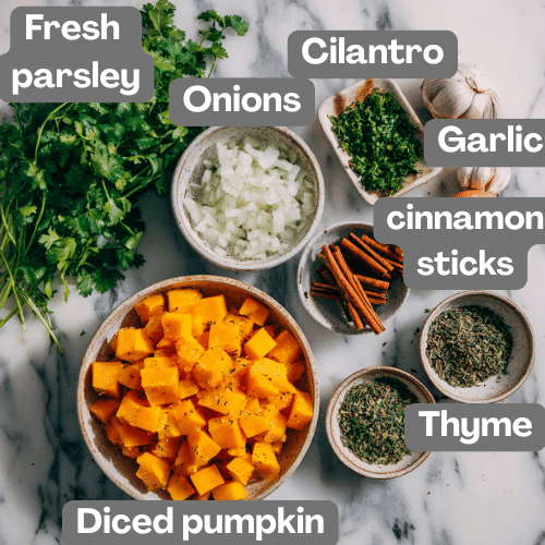 Flat lay of fresh ingredients for Gluten-Free Pumpkin Soup on marble surface