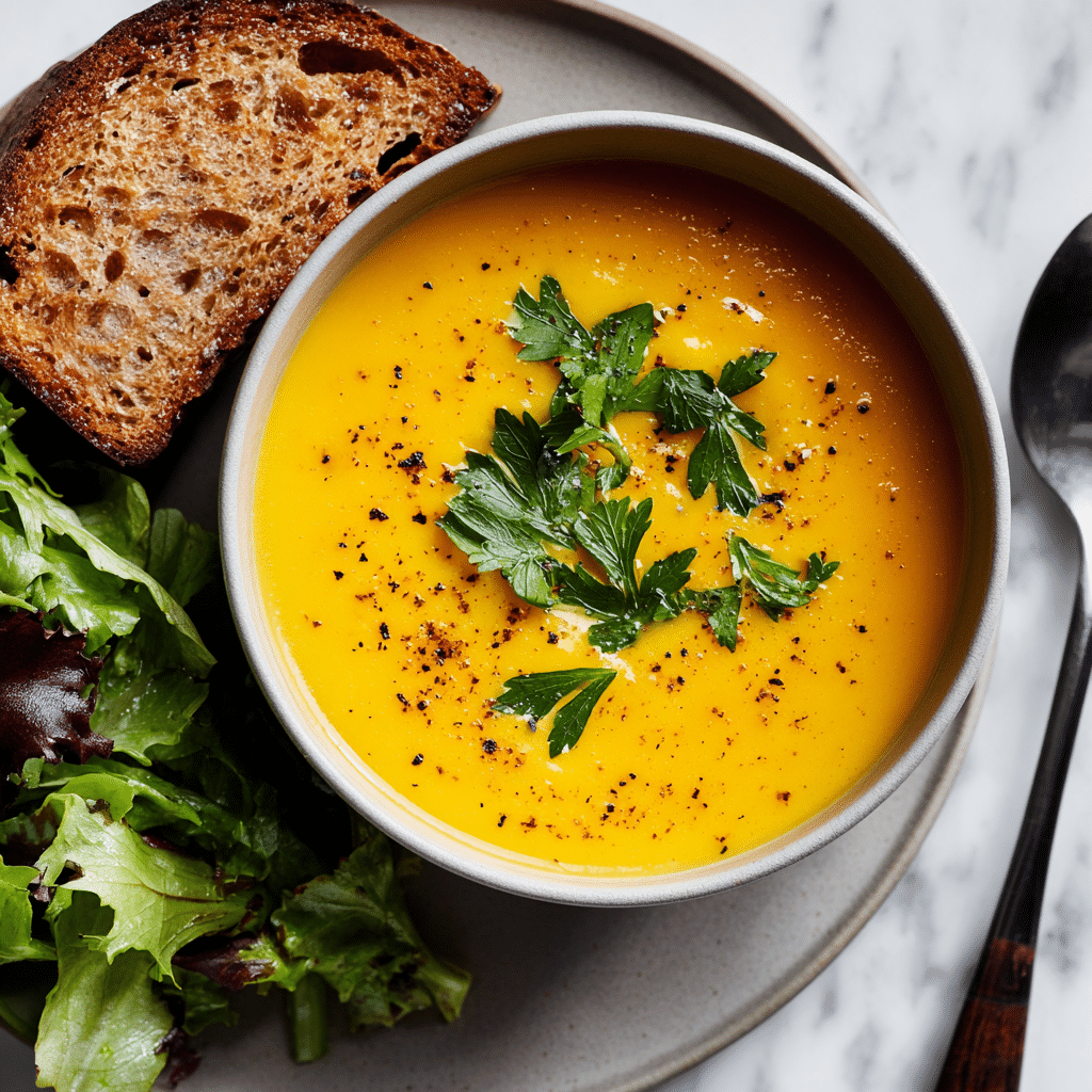 Light creamy Gluten-Free Pumpkin Soup served with gluten-free bread and fresh salad