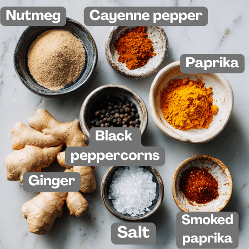 Flat lay of spices for Gluten-Free Pumpkin Soup on marble surface