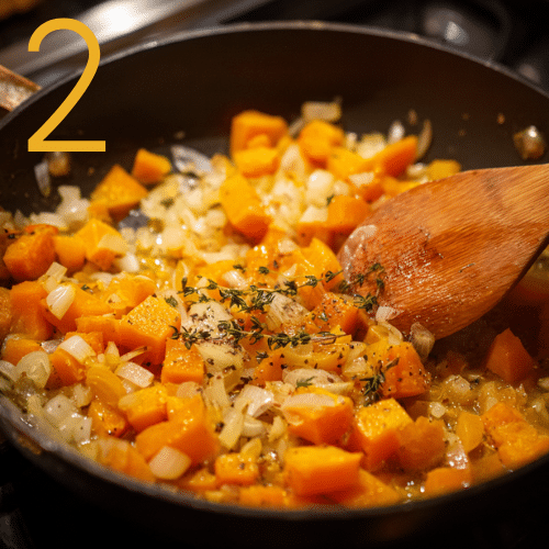 Pumpkin, broth, and seasonings added to sautéed onions and garlic in a pot