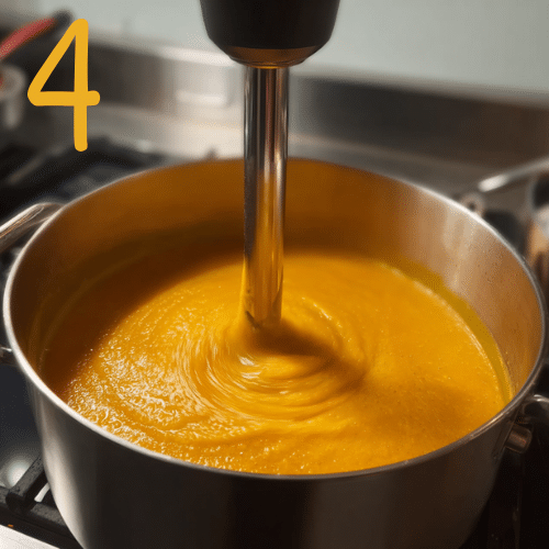 Immersion blender pureeing creamy gluten-free pumpkin soup in a pot