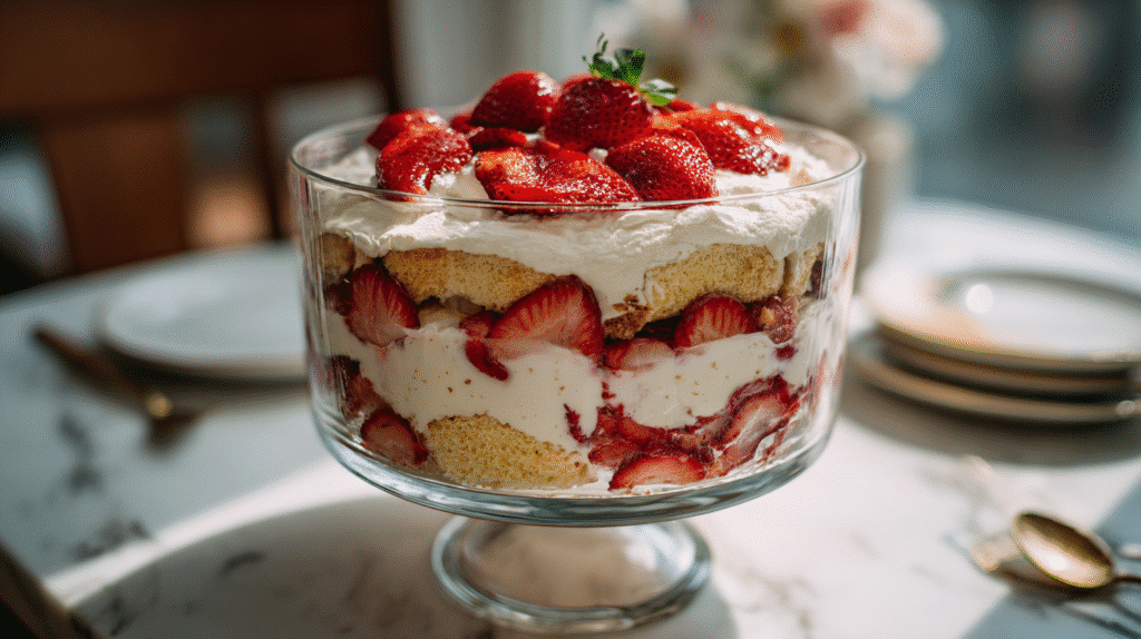 Gluten-Free Strawberry Cream Cheese Trifle layered with cake, cream cheese, and fresh strawberries.