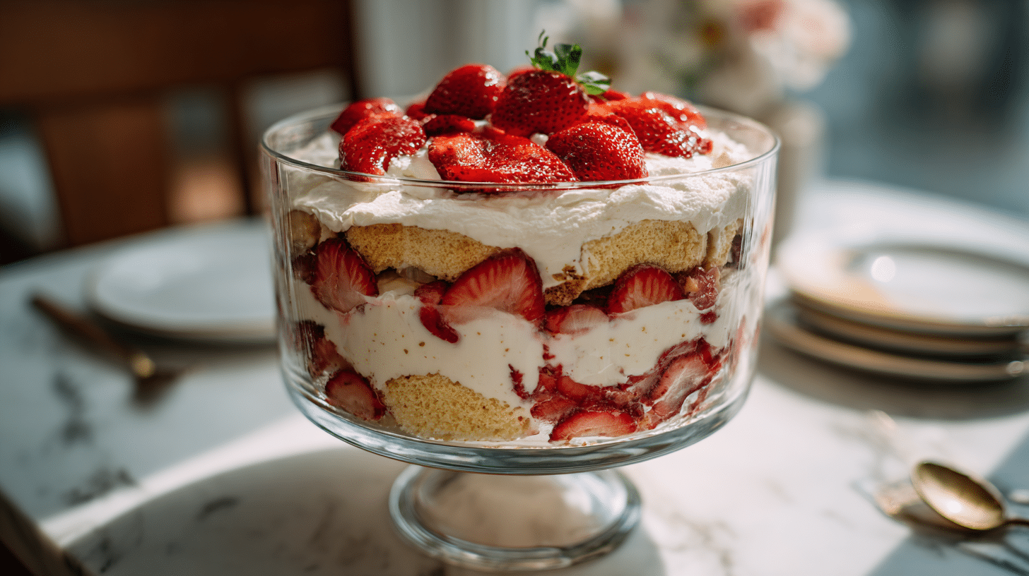 Gluten-Free Strawberry Cream Cheese Trifle layered with cake, cream cheese, and fresh strawberries.