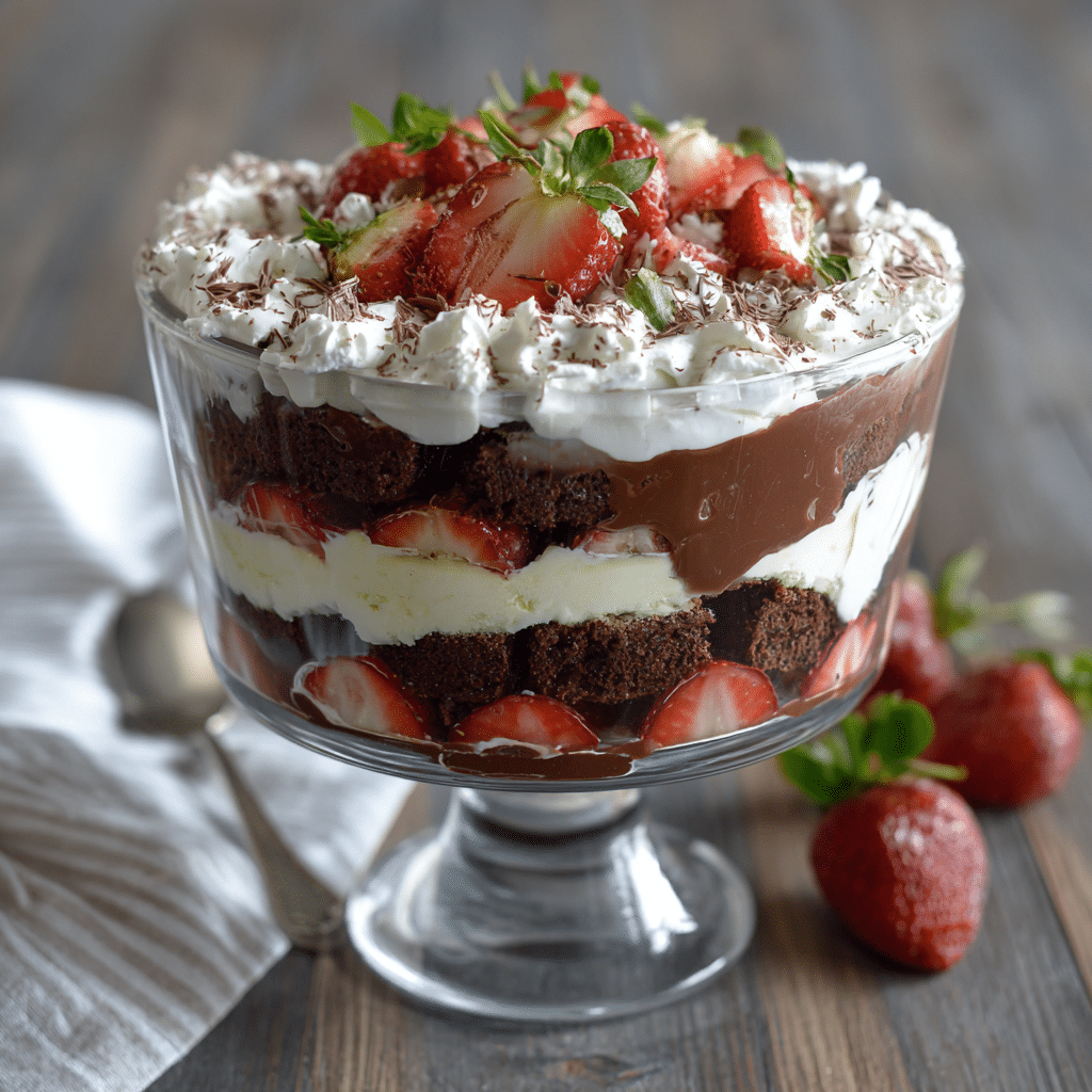 Gluten-Free Strawberry Cream Cheese Trifle with chocolate pudding layers, cake cubes, and strawberries in a glass bowl.