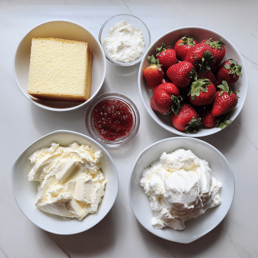 Ingredients for Gluten-Free Strawberry Cream Cheese Trifle including cake, cream cheese, and strawberries.