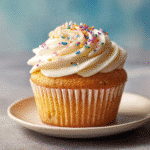 Freshly baked golden gluten-free cupcake on a plate, natural light, close-up focus on texture and color.