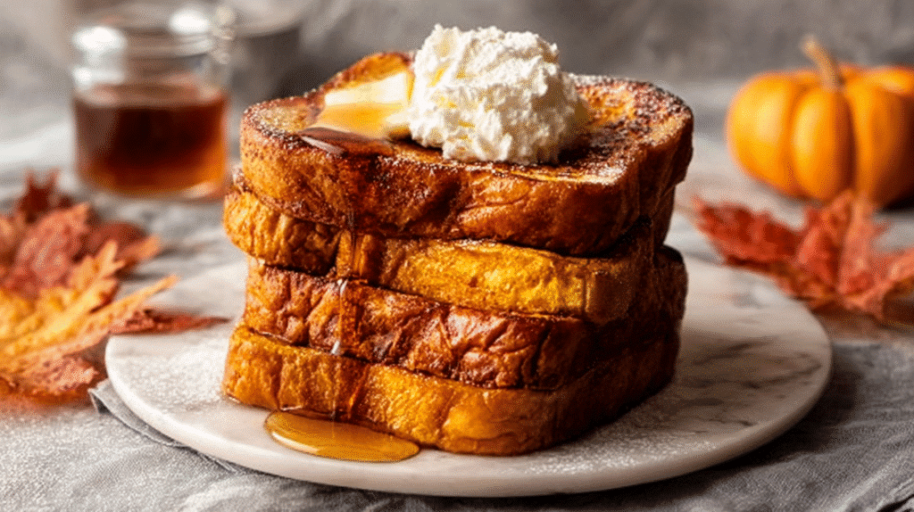 Golden Pumpkin French Toast on a marble plate topped with whipped cream, maple syrup, and autumn leaves