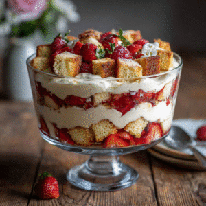 Fully assembled Gluten-Free Strawberry Cream Cheese Trifle with strawberries, cream cheese, and gluten-free cake cubes in a glass bowl.