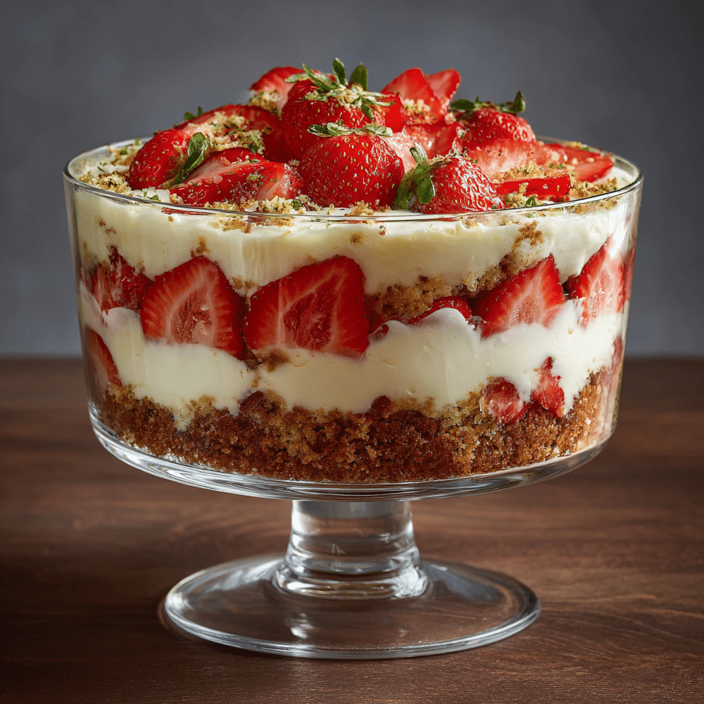 Layered gluten-free strawberry cream cheese trifle with cake, cream cheese, and fresh strawberries in a glass bowl.