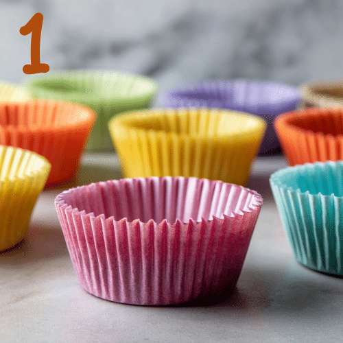 Close-up of hands placing cupcake liners in a muffin tin on a kitchen counter.