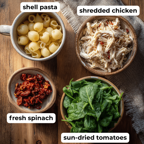Overhead view of medium shell pasta, shredded chicken, chopped sun-dried tomatoes, and fresh spinach on a wooden table.