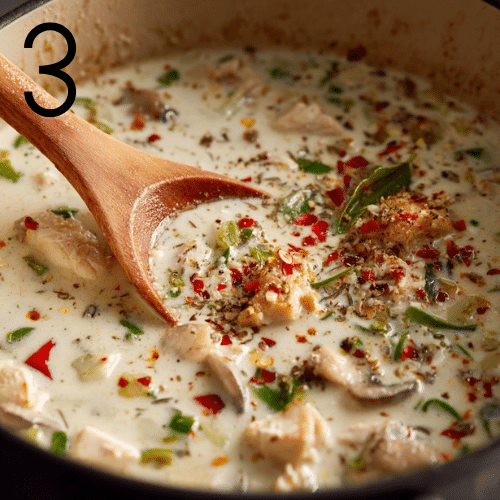 Creamy base of Marry Me Chicken Soup made with chicken broth, heavy cream, basil, red pepper flakes, salt, and black pepper simmering in a pot.