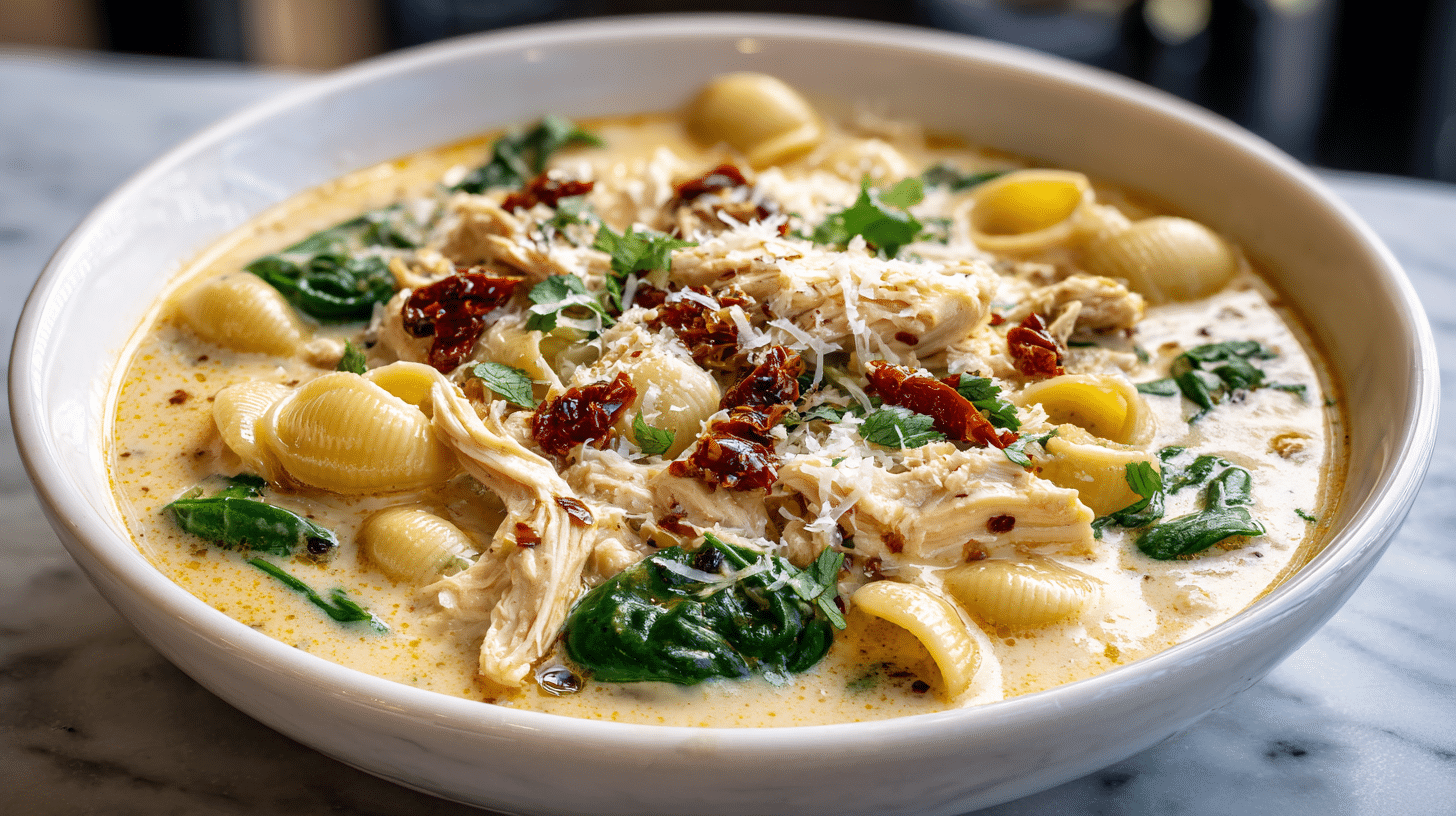 Marry Me Chicken Soup Recipe with chicken, pasta, sun-dried tomatoes, and Parmesan in a rustic bowl
