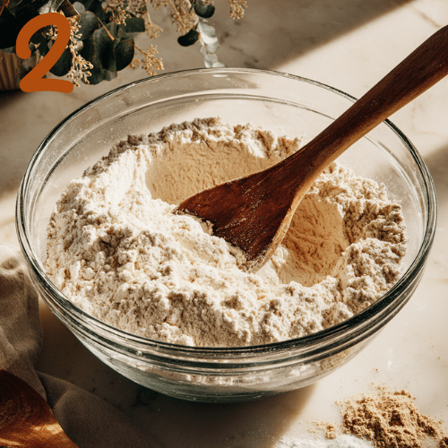 Glass mixing bowl with gluten-free flour blend, baking powder, and salt being whisked together.