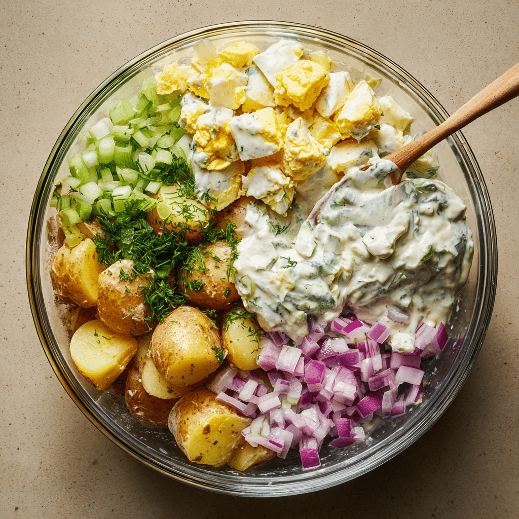 Top-down view of a large bowl with creamy dressing, potatoes, eggs, celery, and red onion being gently mixed together.