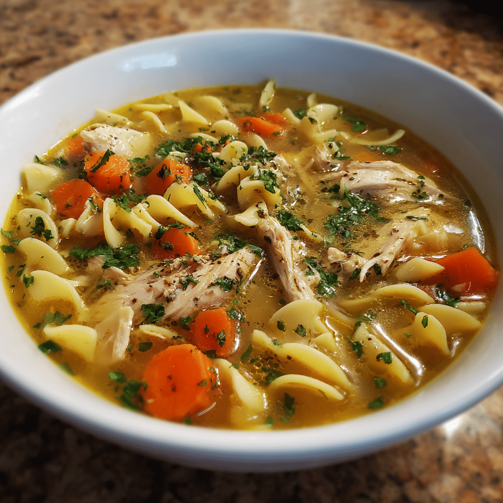 Wide shot side view of a bowl of chicken noodle soup with egg noodles, photographed in daylight.