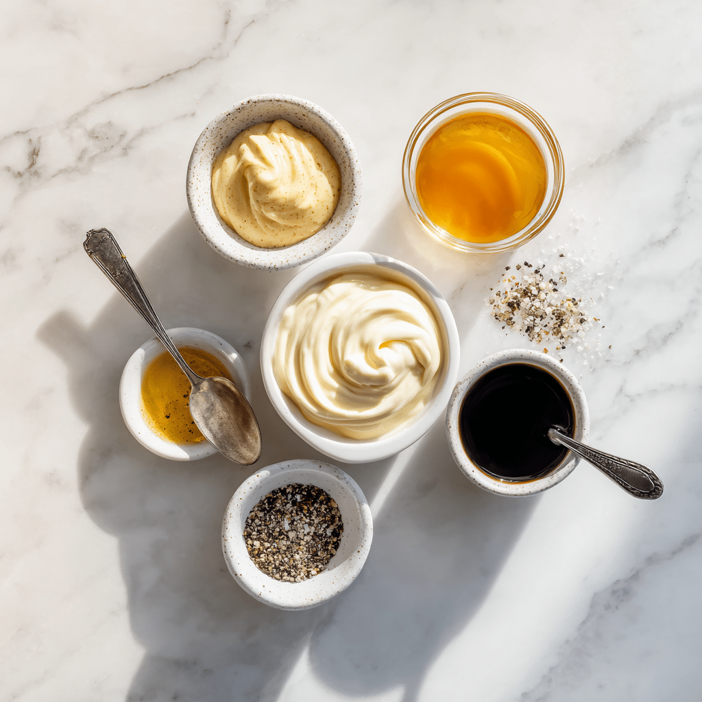 Top-down view of potato salad dressing ingredients: mayonnaise, Dijon mustard, apple cider vinegar, salt, and pepper on a marble countertop, bright natural light.