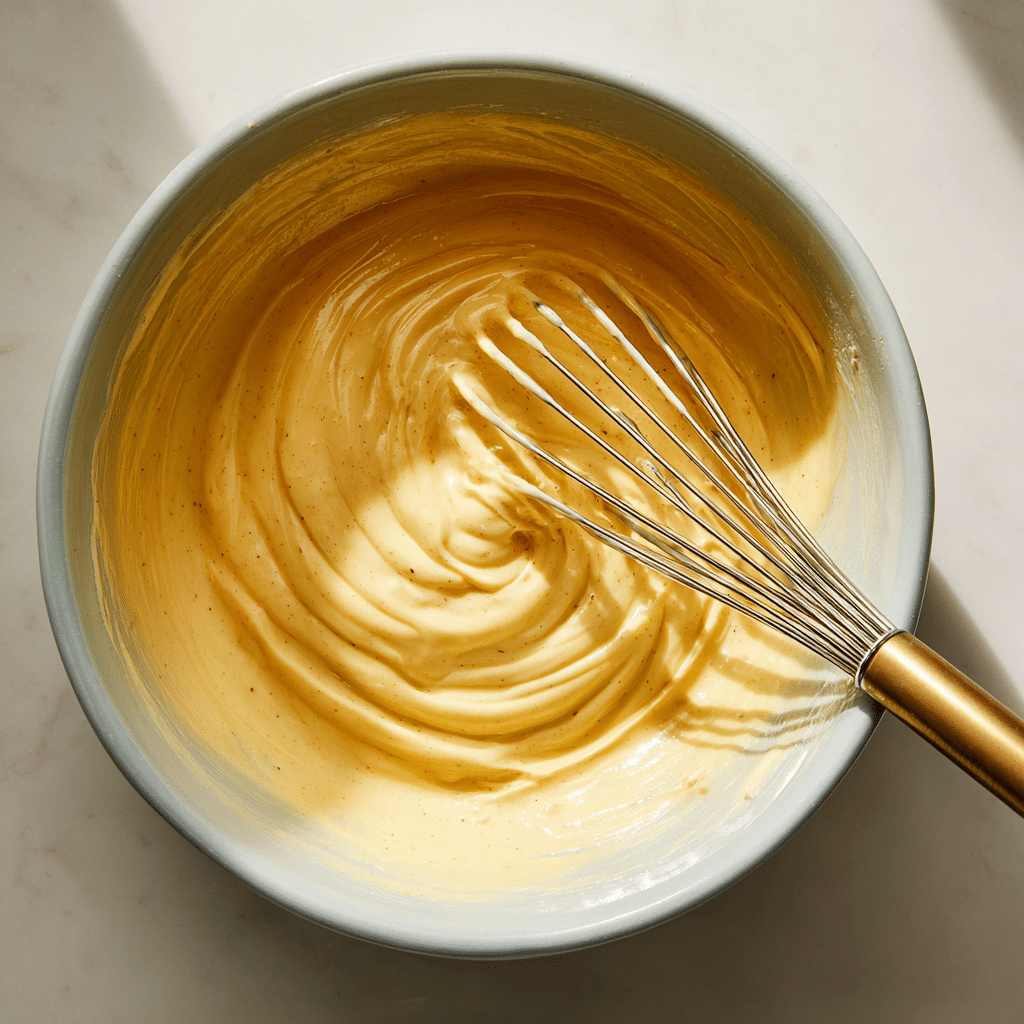 Top-down view of mayonnaise, Dijon mustard, apple cider vinegar, salt, and pepper being whisked into a creamy dressing in a large bowl.