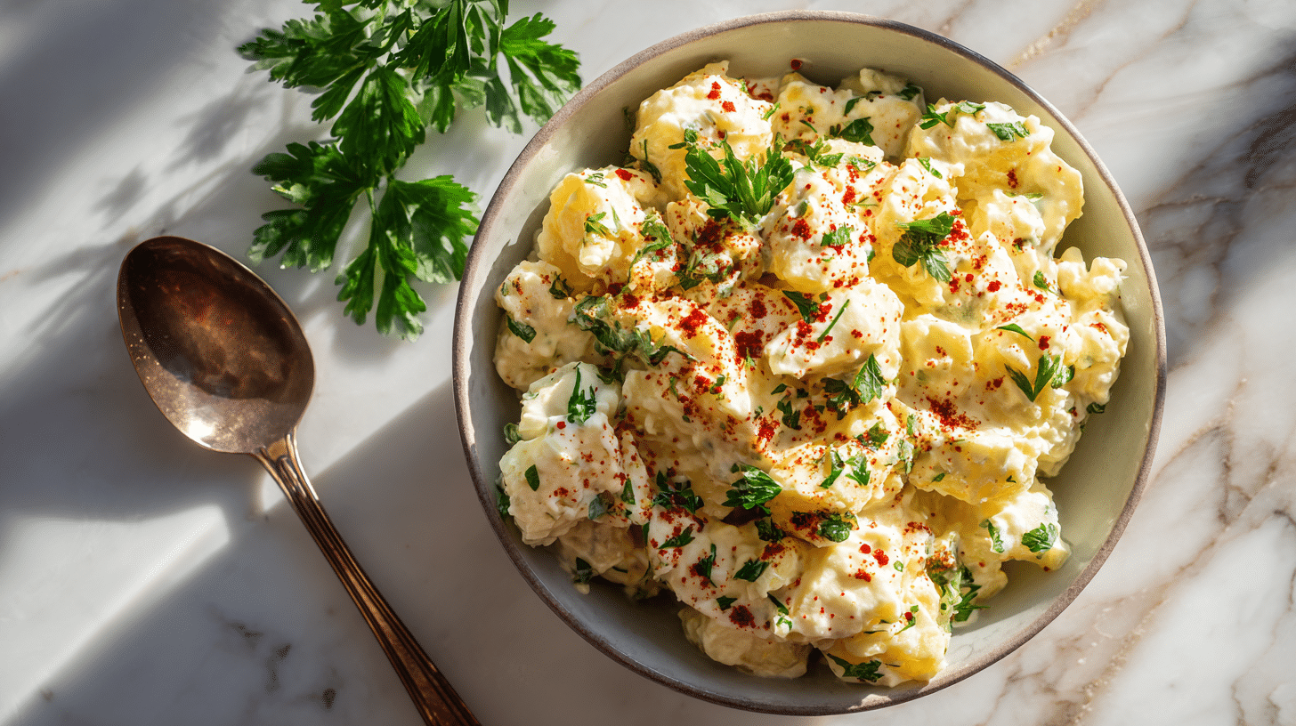 Top-down view of a creamy potato salad in a rustic bowl, garnished with parsley and paprika, surrounded by boiled eggs and celery