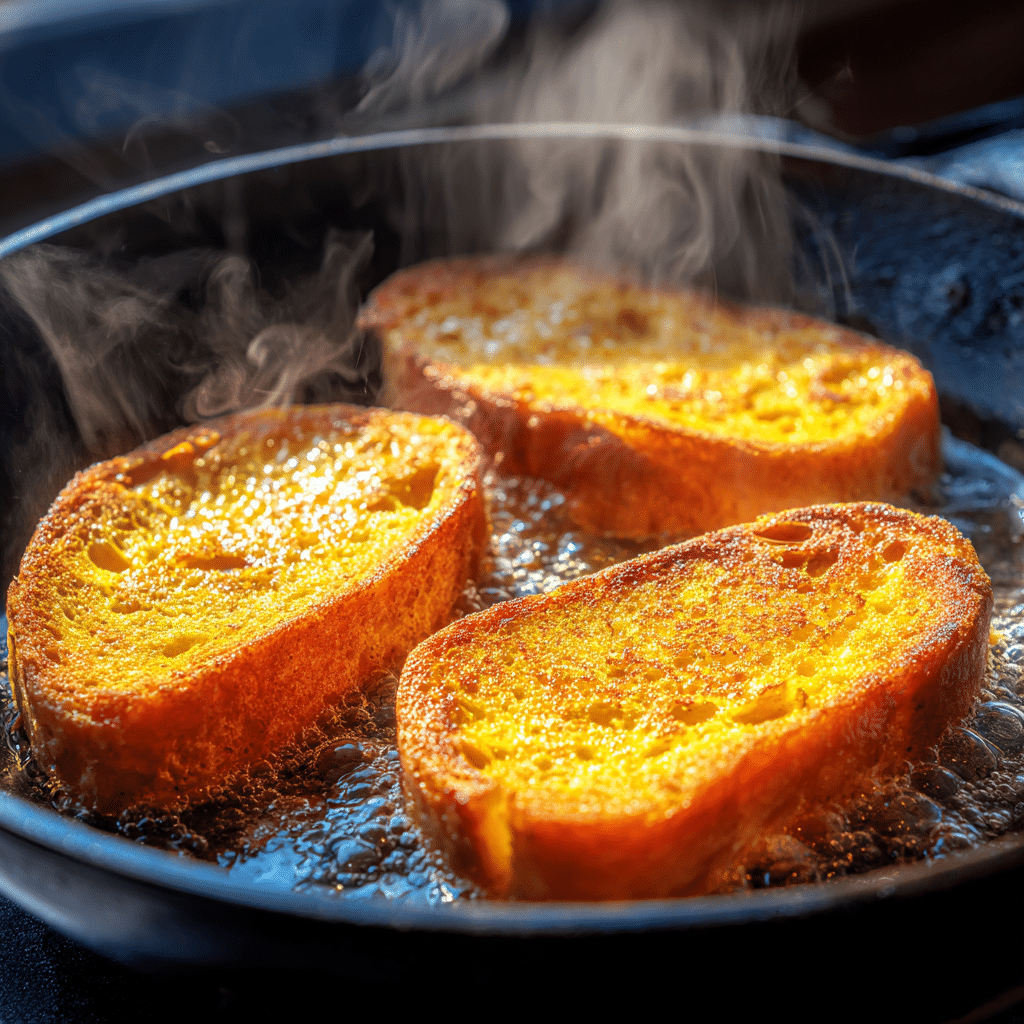 Golden slices of Pumpkin French Toast sizzling in a skillet, steam rising, captured in warm natural light, close-up, high-detail food photography.