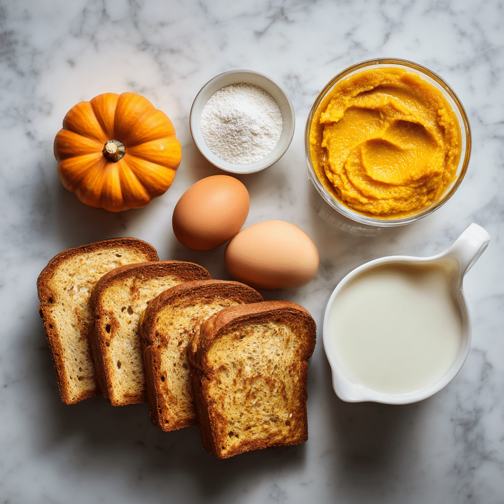 Ingredients for Pumpkin French Toast – Bread, Eggs, Pumpkin Puree, and Milk on Marble Table