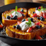 Golden Pumpkin French Toast slices sizzling in a skillet, topped with maple syrup, whipped cream, and fresh fruit, close-up, warm light.