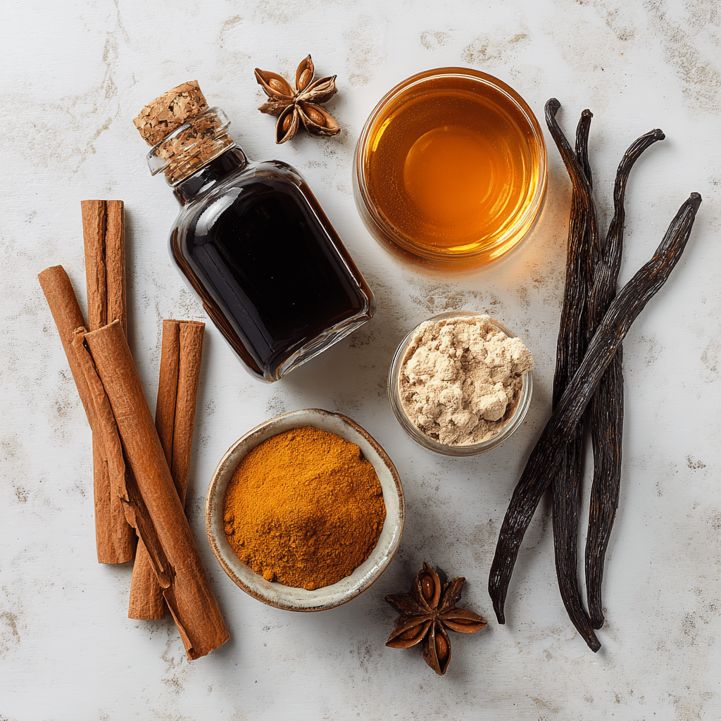Pumpkin French Toast Spices – Vanilla Extract, Cinnamon, and Pumpkin Spice Blend on Marble Table