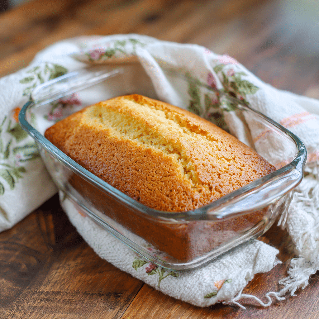 Ready-made gluten-free pound cake served in a clear glass bowl.