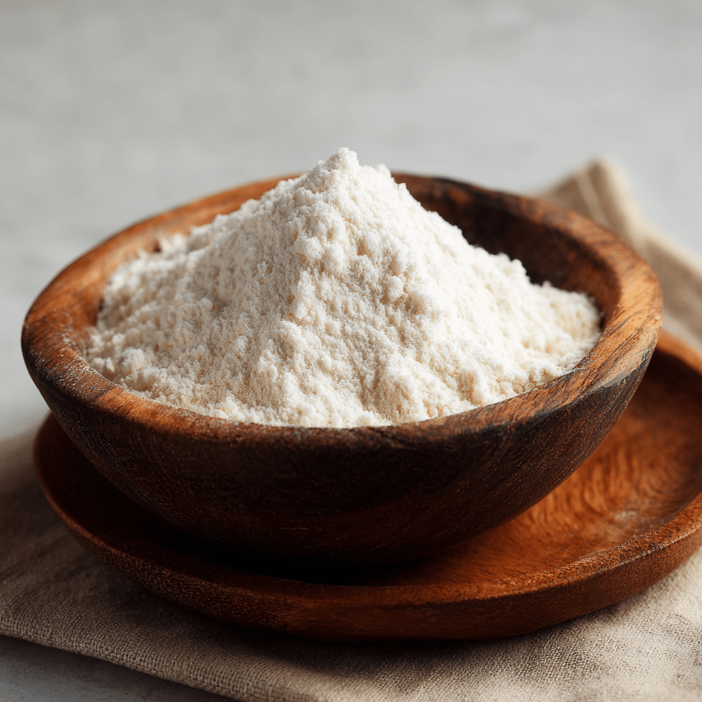Bowl of rice flour on a kitchen counter with soft natural light.