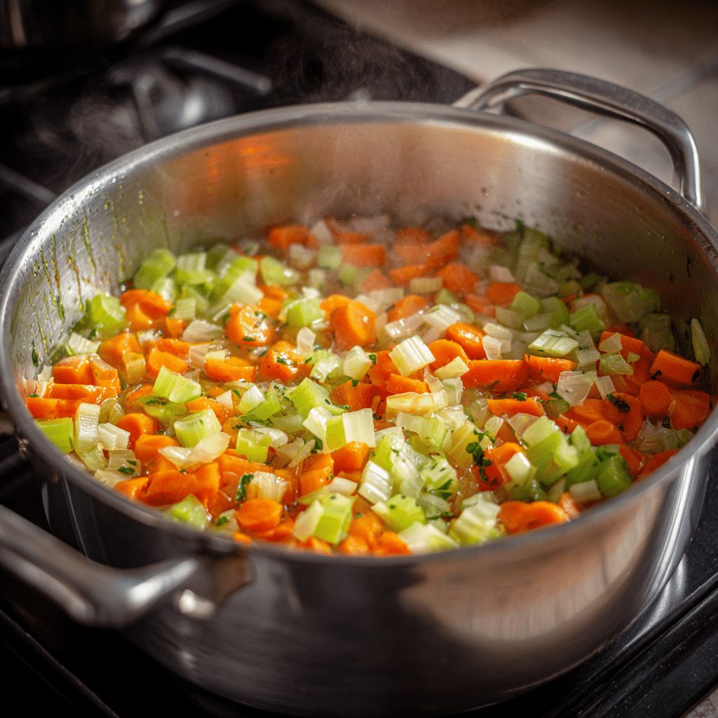 Onion, carrots, and celery sautéing in olive oil in a large soup pot on the stovetop, steam rising Chicken Noodle Soup with Egg Noodles