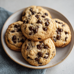 Stack of chewy espresso chocolate chip cookies on a plate for breakfast.