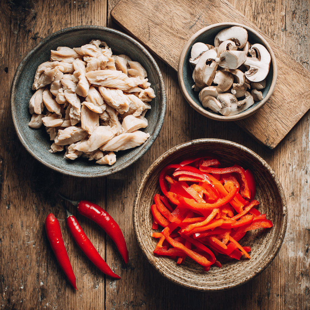 Protein and vegetables for Thai Chicken Soup Recipe: thinly sliced chicken breasts, mushrooms, red bell pepper, carrot, and Thai chilies on a wooden table.