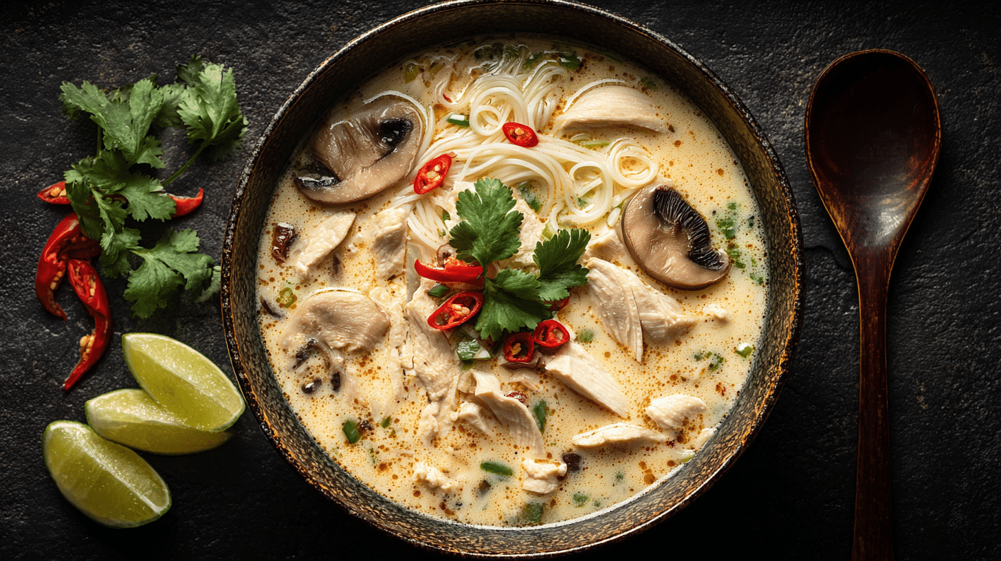 A steaming bowl of Thai Chicken Soup Recipe with sliced chicken, noodles, baby mushrooms, and crushed red peppers in a creamy coconut broth, garnished with coriander and lime.