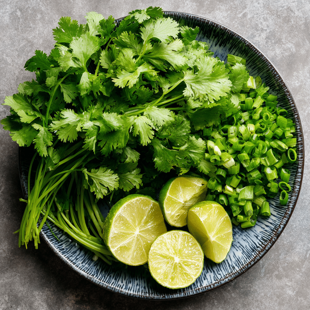 Fresh garnishes for Thai Chicken Soup Recipe: cilantro leaves, lime wedges, and sliced green onions on a wooden table.