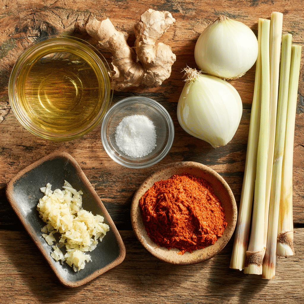 Ingredients for Thai Chicken Soup Recipe: coconut oil, onion, garlic, ginger, lemongrass, and Thai red curry paste arranged on a wooden table.