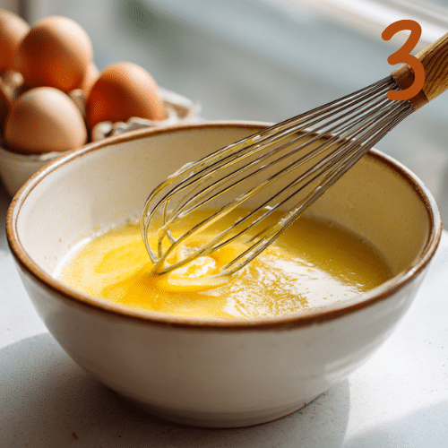 Ceramic mixing bowl on a bright kitchen counter with eggs, sugar, and melted butter whisked until smooth.