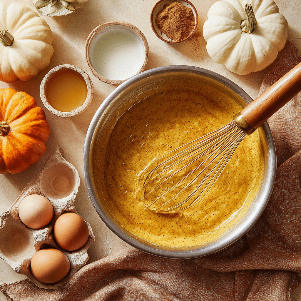 Whisking Pumpkin French Toast Batter – Eggs, Pumpkin Puree, Milk, Vanilla, and Spices