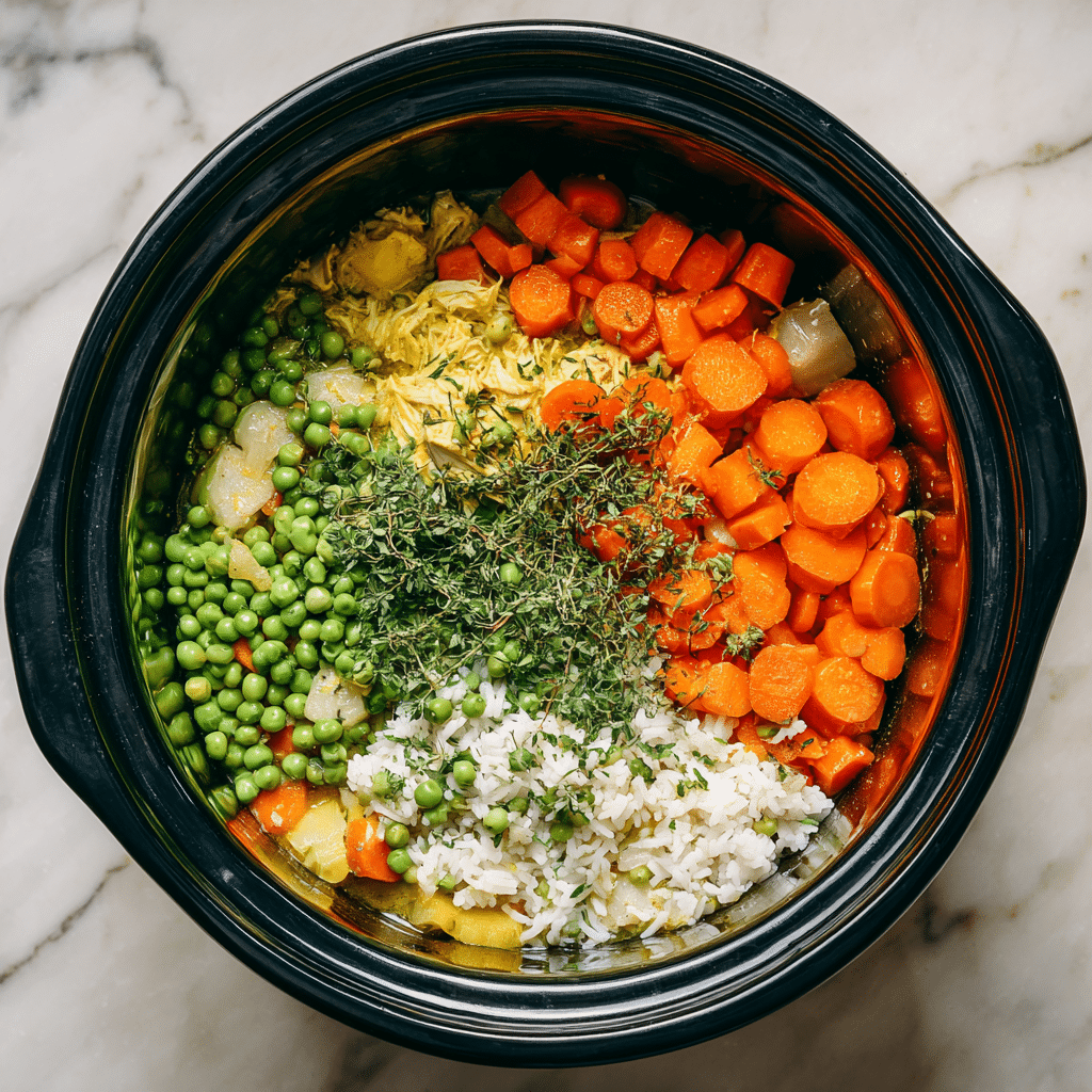adding-vegetables-lemon-herb-chicken Adding vegetables to Slow Cooker Lemon Herb Chicken and Rice