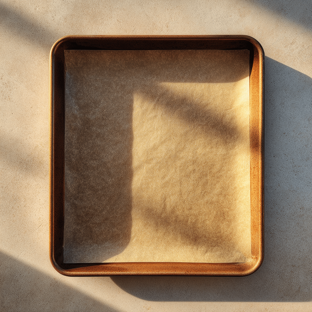 Baking tray lined with parchment paper for Gluten-Free Brownie Recipe