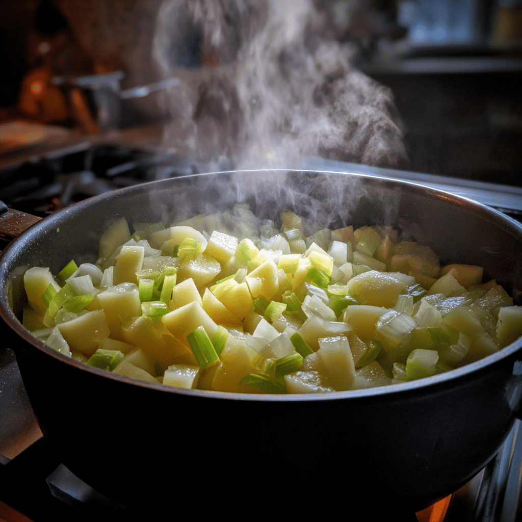 cooking-old-fashioned-potato-soup-steps ingredients simmering in a pot for old-fashioned potato soup