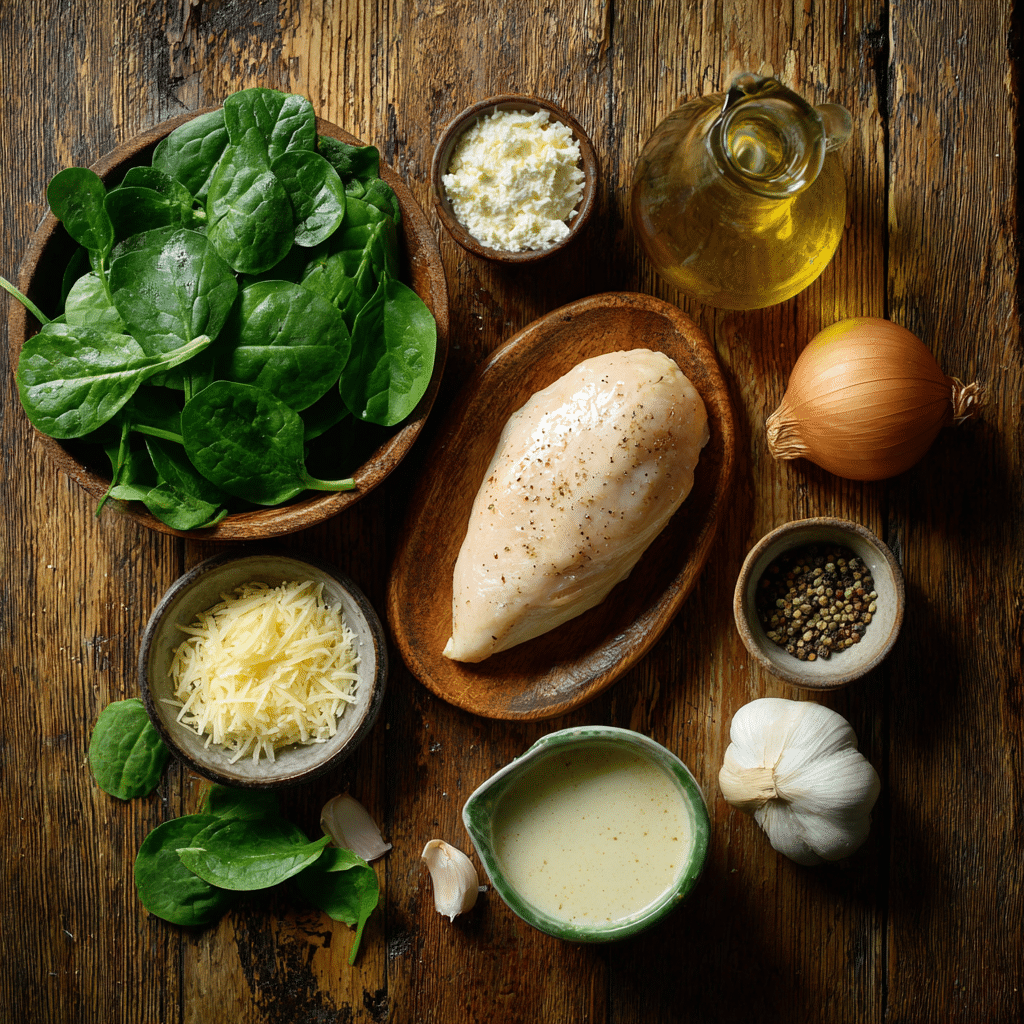 Creamy Chicken Florentine with chicken breasts, fresh spinach, garlic, onion, heavy cream, chicken broth, Parmesan cheese, and olive oil