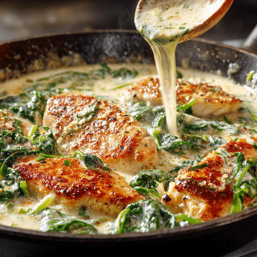Skillet with creamy chicken Florentine sauce made with chicken broth, heavy cream, Parmesan, spinach, and seared chicken breasts