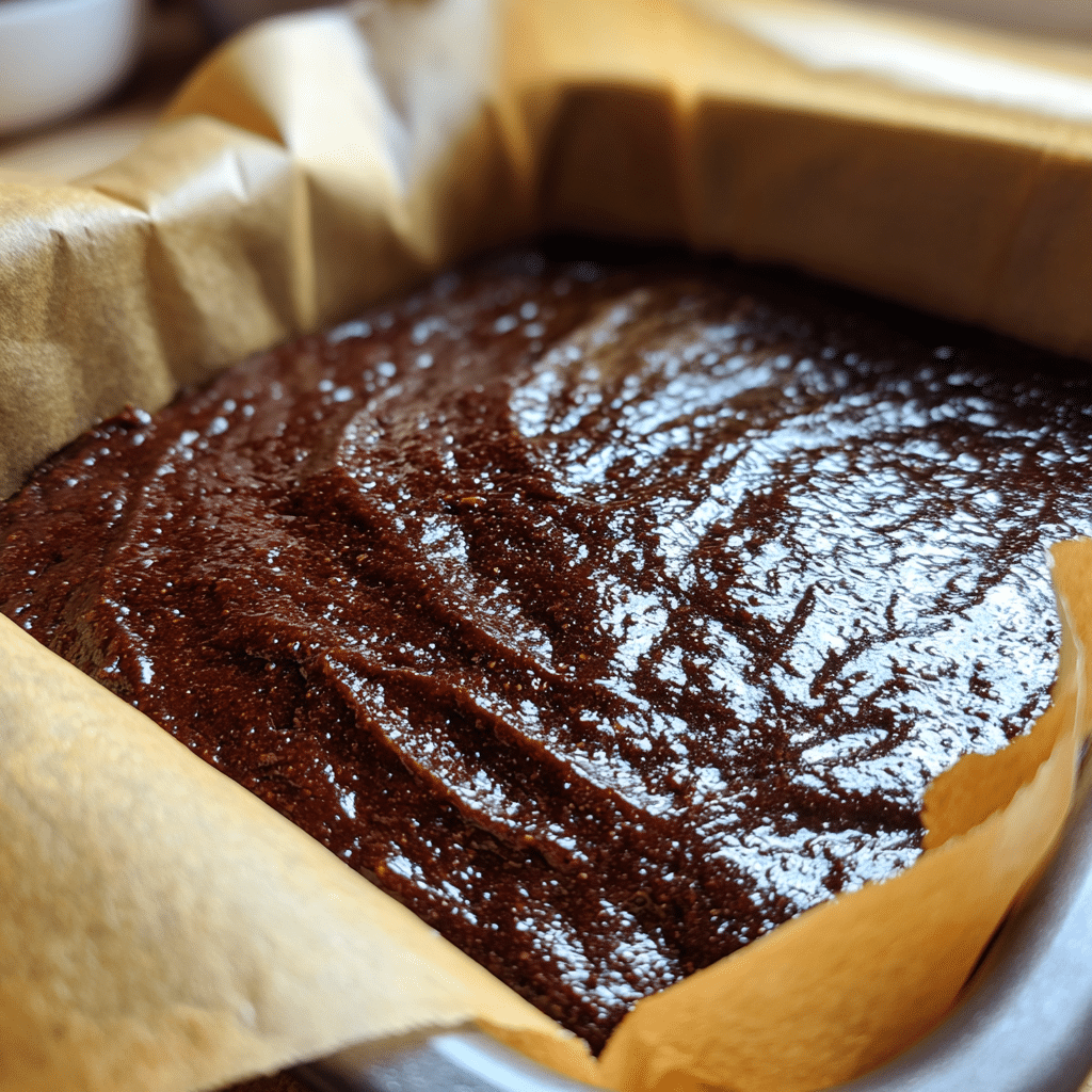 Thick gluten-free brownie batter spread evenly in a baking pan