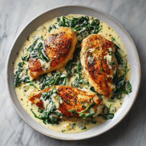 Italian-style dinner plate with creamy chicken Florentine, golden seared chicken breasts in garlic-Parmesan sauce with spinach