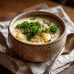 old-fashioned potato soup recipe served in a rustic bowl with creamy texture and parsley garnish