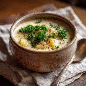 old-fashioned potato soup recipe served in a rustic bowl with creamy texture and parsley garnish