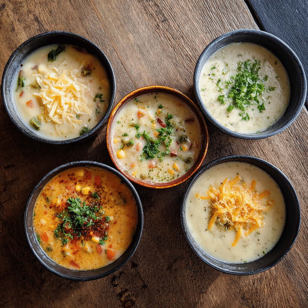 potato-soup-flavor-variations different flavor variations of old-fashioned potato soup with herbs, cheese, and vegetables