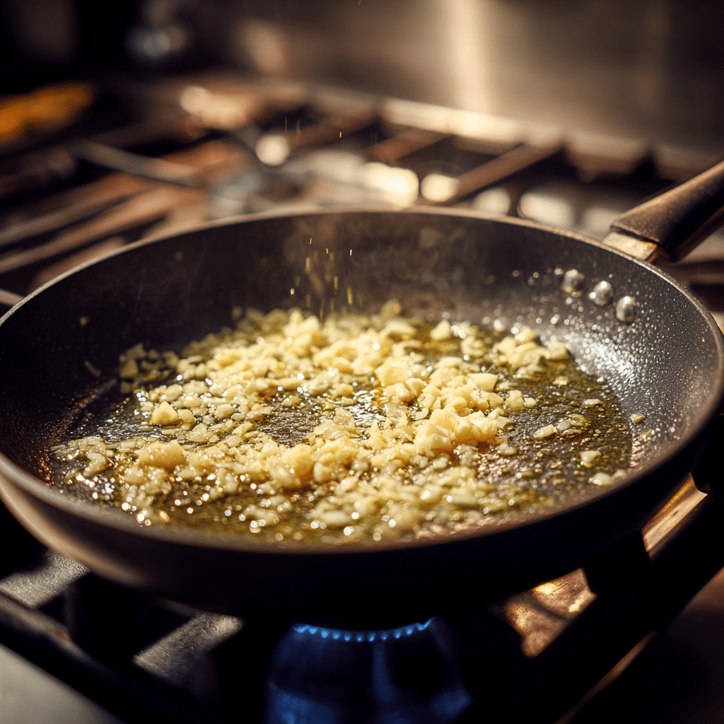 Garlic and onion sautéing in a skillet with butter and olive oil for Creamy Chicken Florentine